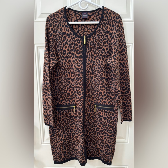 Rafaella Dresses & Skirts - Rafaella Duster Dress Women's M Black & Brown Animal Print Leopard Zipper Knit